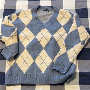 V-Neck Sweater in Blue and Cream Argyle